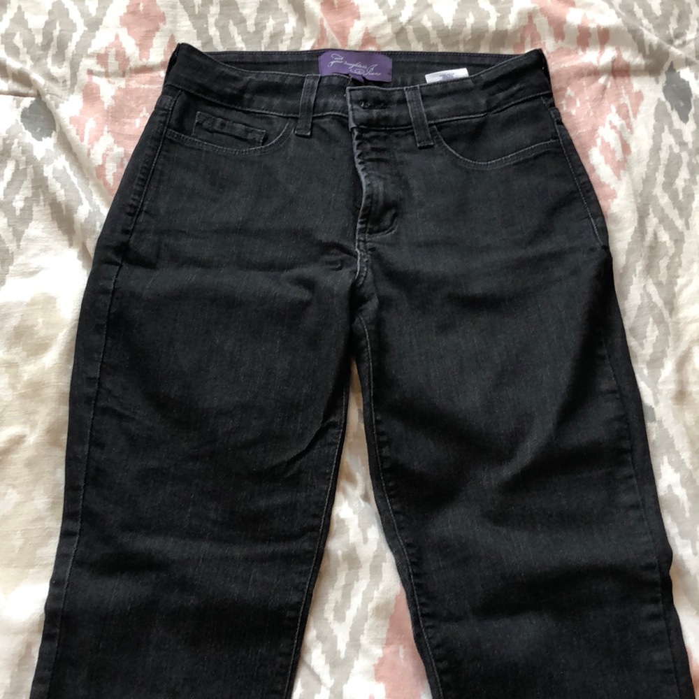 Black denim straight leg jeans.
